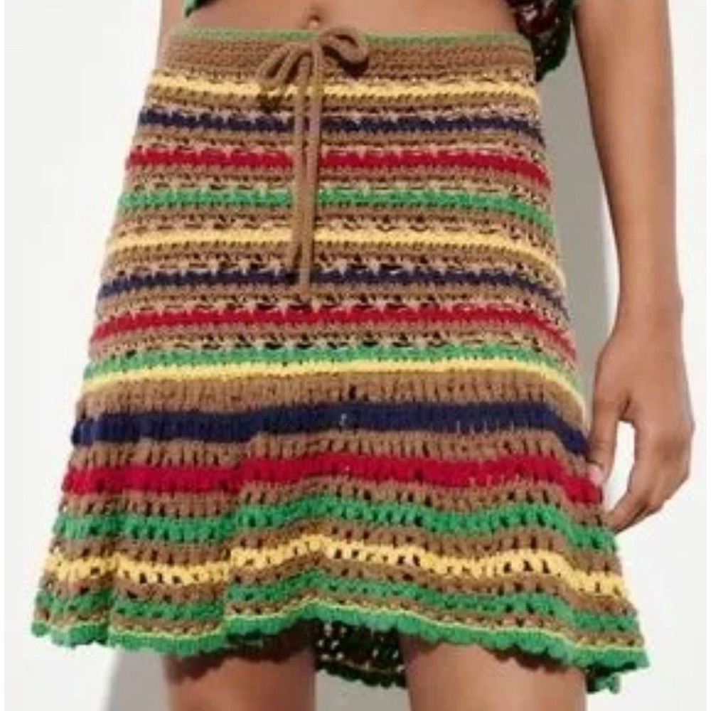 Zara Womens Striped Crochet Knit Ruffle Pull On Mini Skirt Rasta Festival Boho S